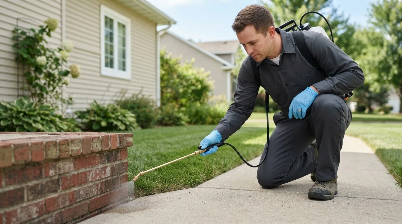 Pest control technician treating a home near Crowder, OK