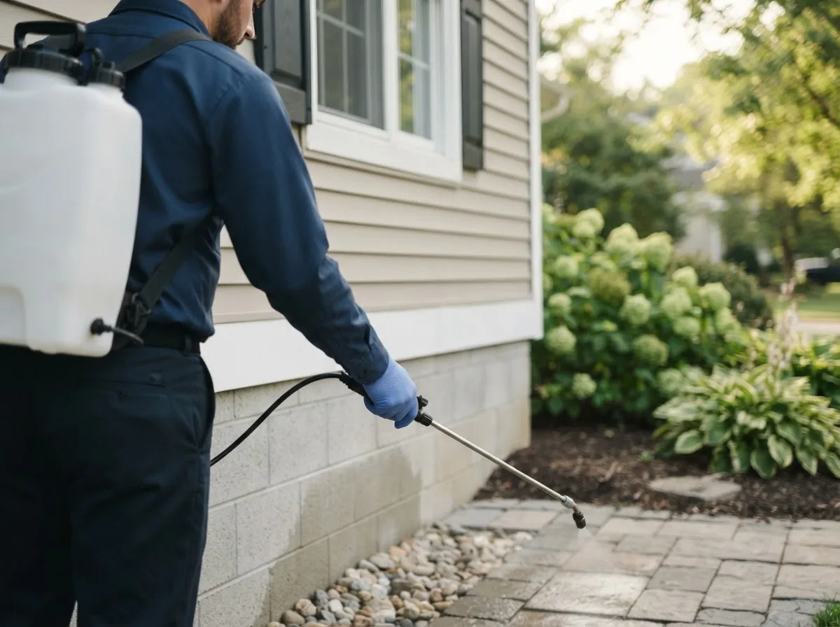 Pest control technician inspecting a home in Crowder, OK